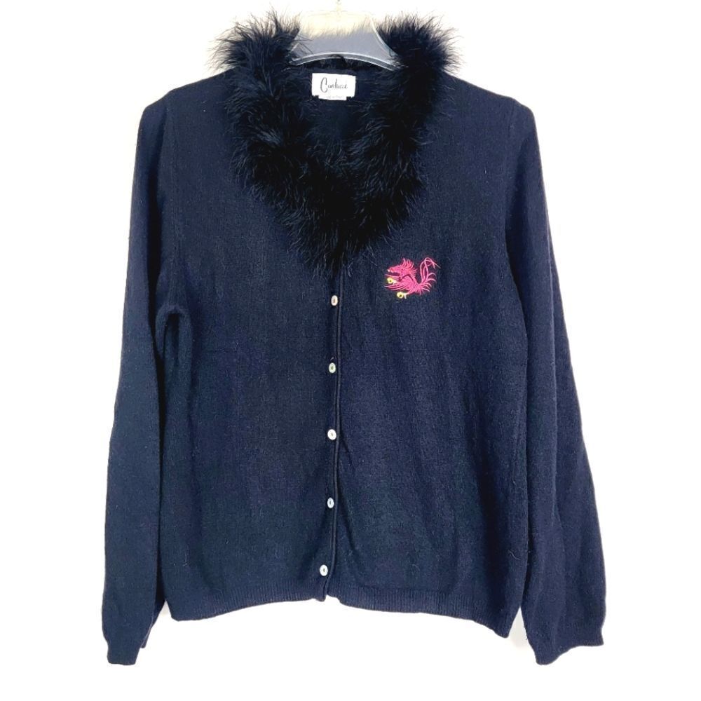 Vintage Y2K Dragon Emblem Carducci Italy Black Rabbit Fur Trim Size M